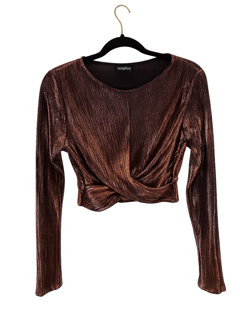 Topshop Metallic Copper Twist-Front Long Sleeve Crop Top